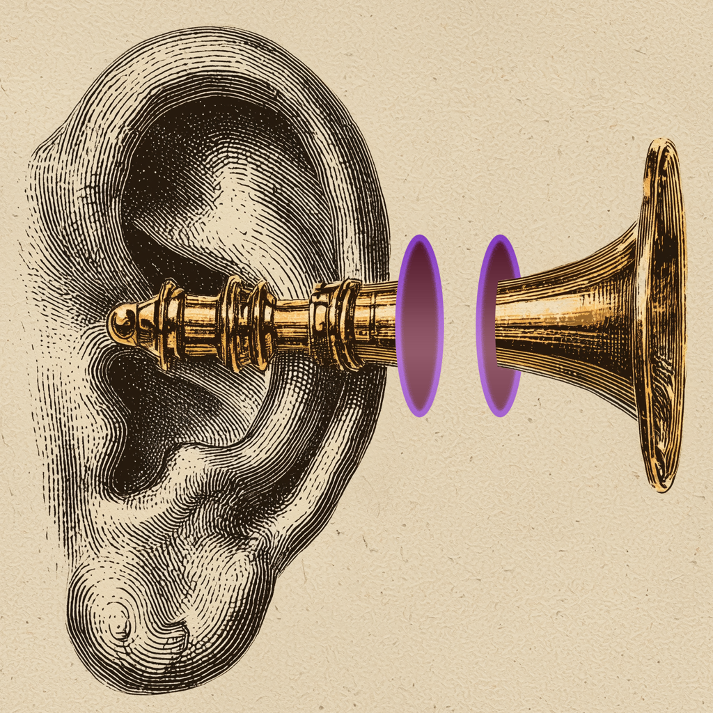 An ear with an earhorn, which passes through a portal]